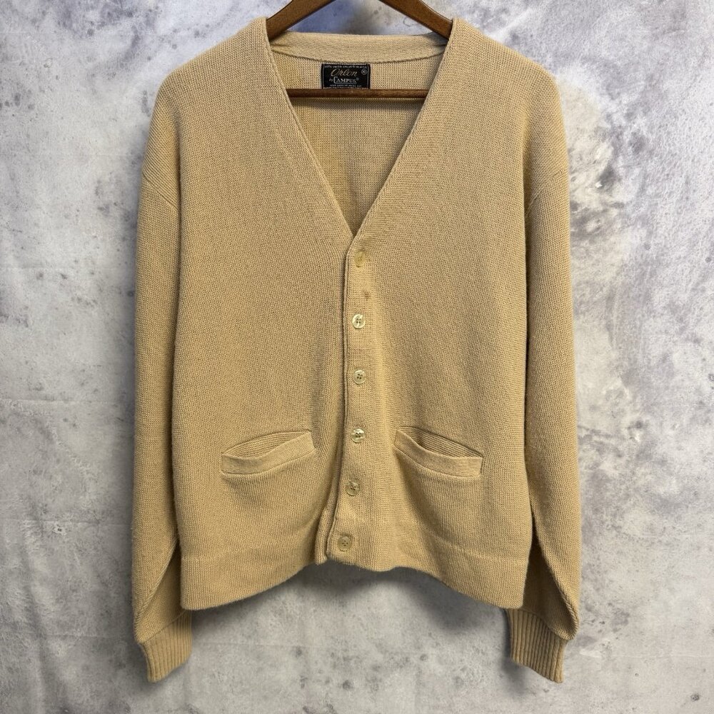 Vintage Orlon Campus Cardigan Sweater Mens XL Tan Knit